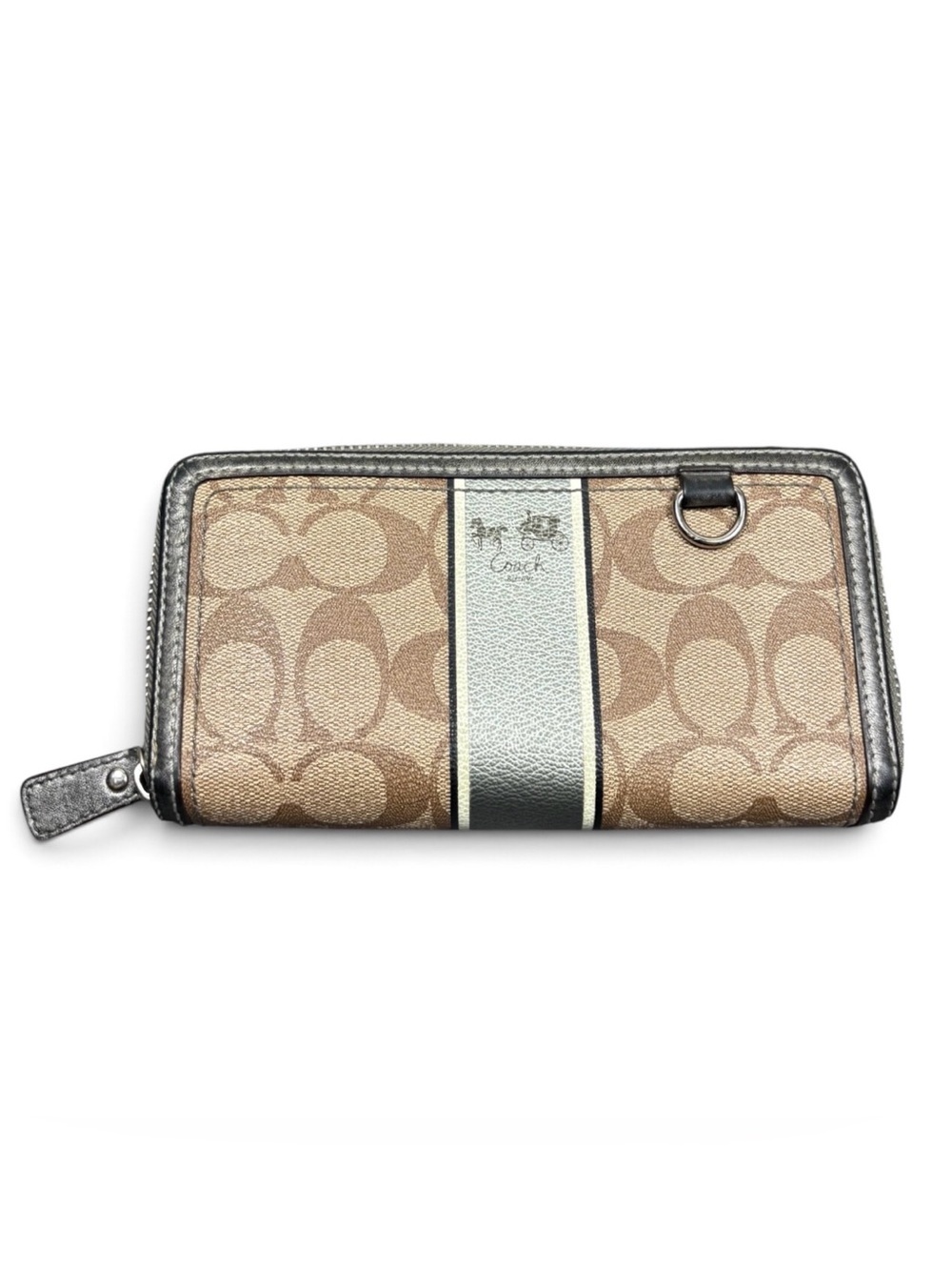 Coach Heritage Signature Brown Grey Stripe Coated Canvas Wallet Zip Accordion